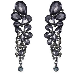 Gun Metal with Charcoal Austrian Crystal Chandelier Statement Clip On Earrings